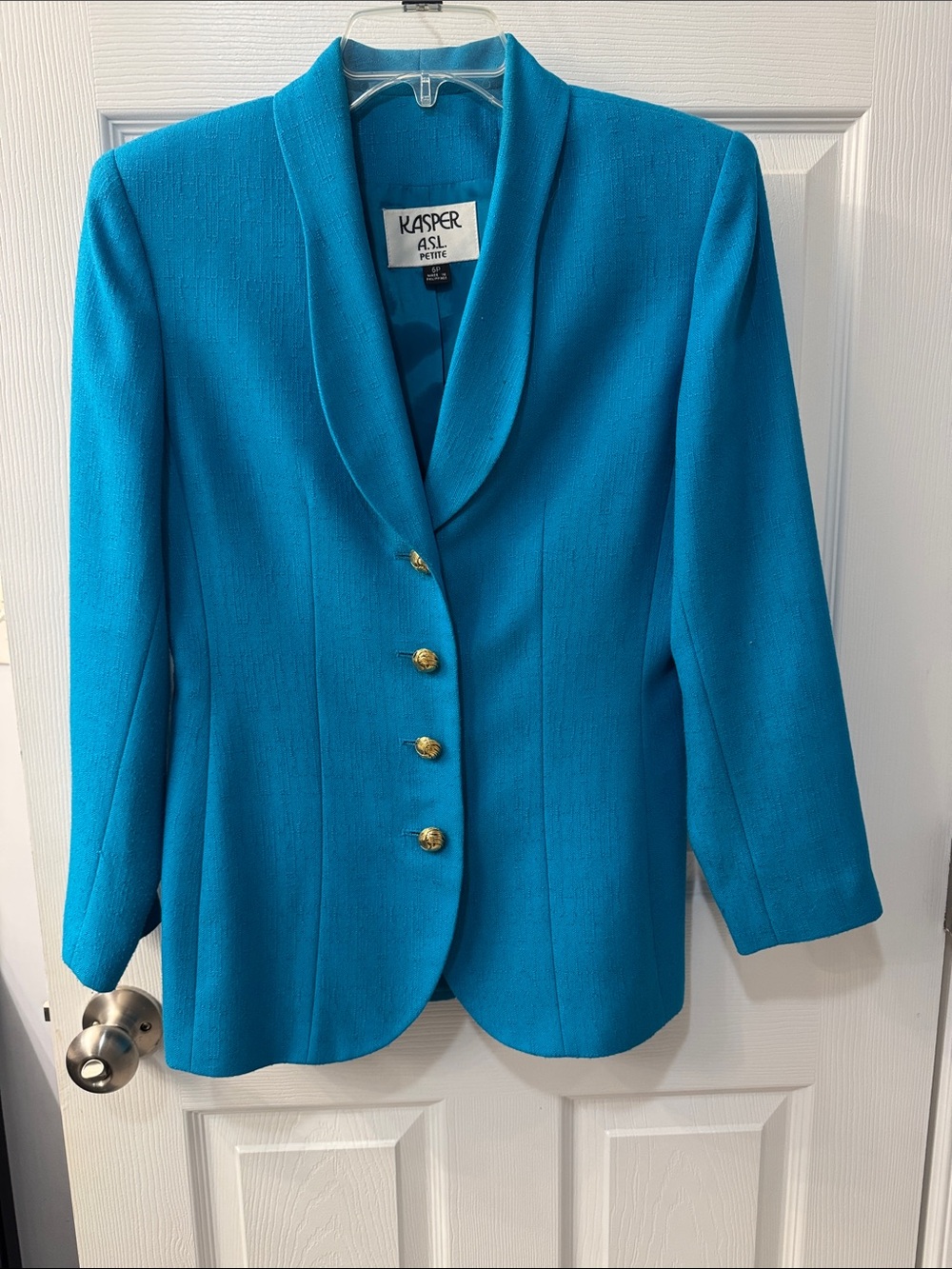 Kasper Women's Teal Blue Shawl Collar Blazer with Gold Buttons